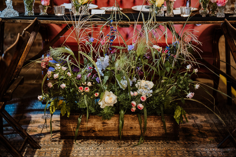 Table Flowers Centrepiece Wooden Box Crate Great Comp Garden Wedding Nicola Dawson Photography