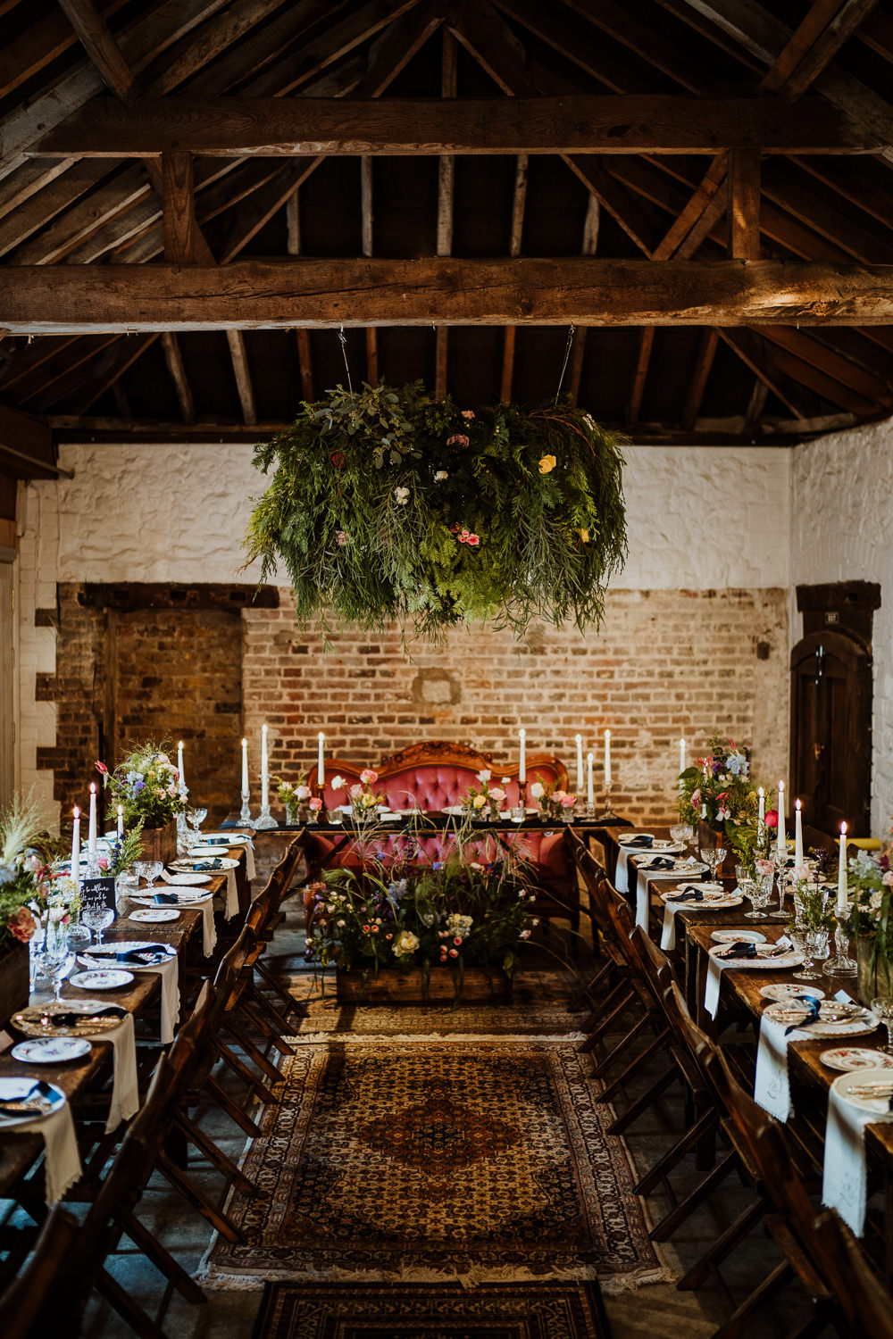 Barn Stable Reception Long Tables Decor Greenery Hoop Great Comp Garden Wedding Nicola Dawson Photography