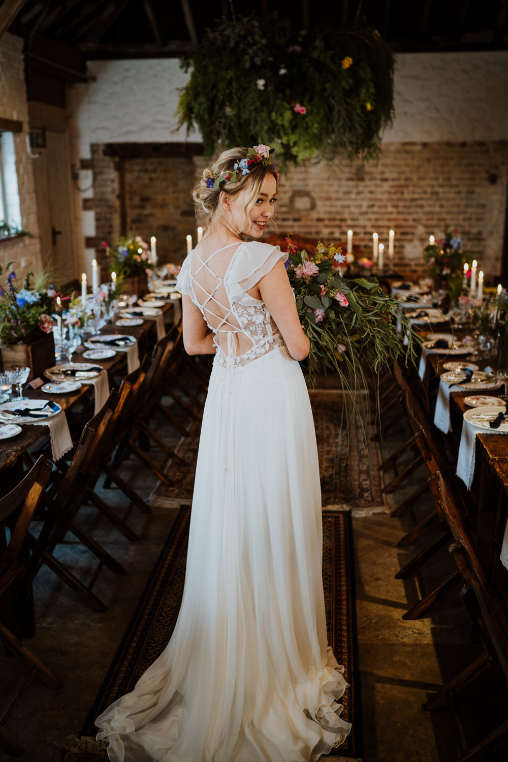 Bride Bridal Dress Gown Flutter Sleeves Lace Up Low Back Great Comp Garden Wedding Nicola Dawson Photography
