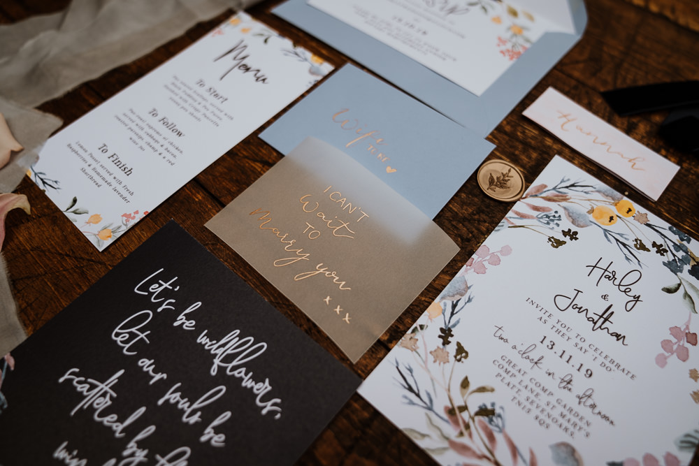 Stationery Invite Invitations Suite Flat Lay Floral Great Comp Garden Wedding Nicola Dawson Photography