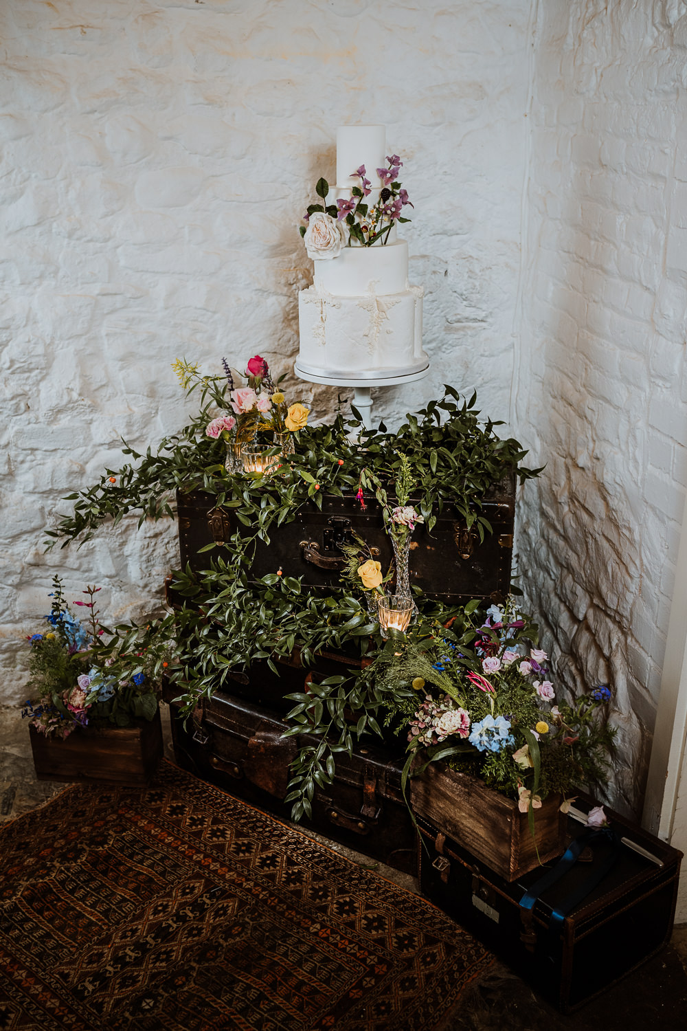 Cake Table Wooden Box Crate Flowers Meadow Wild Great Comp Garden Wedding Nicola Dawson Photography