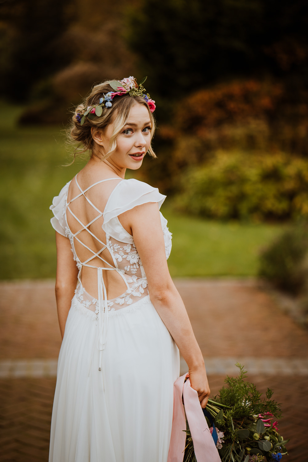 Bride Bridal Dress Gown Flutter Sleeves Lace Up Low Back Great Comp Garden Wedding Nicola Dawson Photography