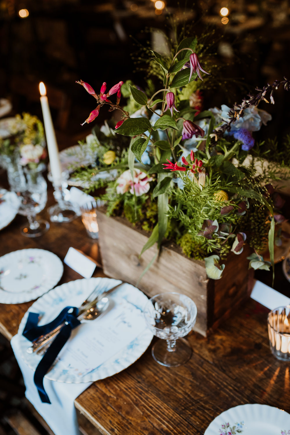 Table Flowers Centrepiece Wooden Box Crate Great Comp Garden Wedding Nicola Dawson Photography