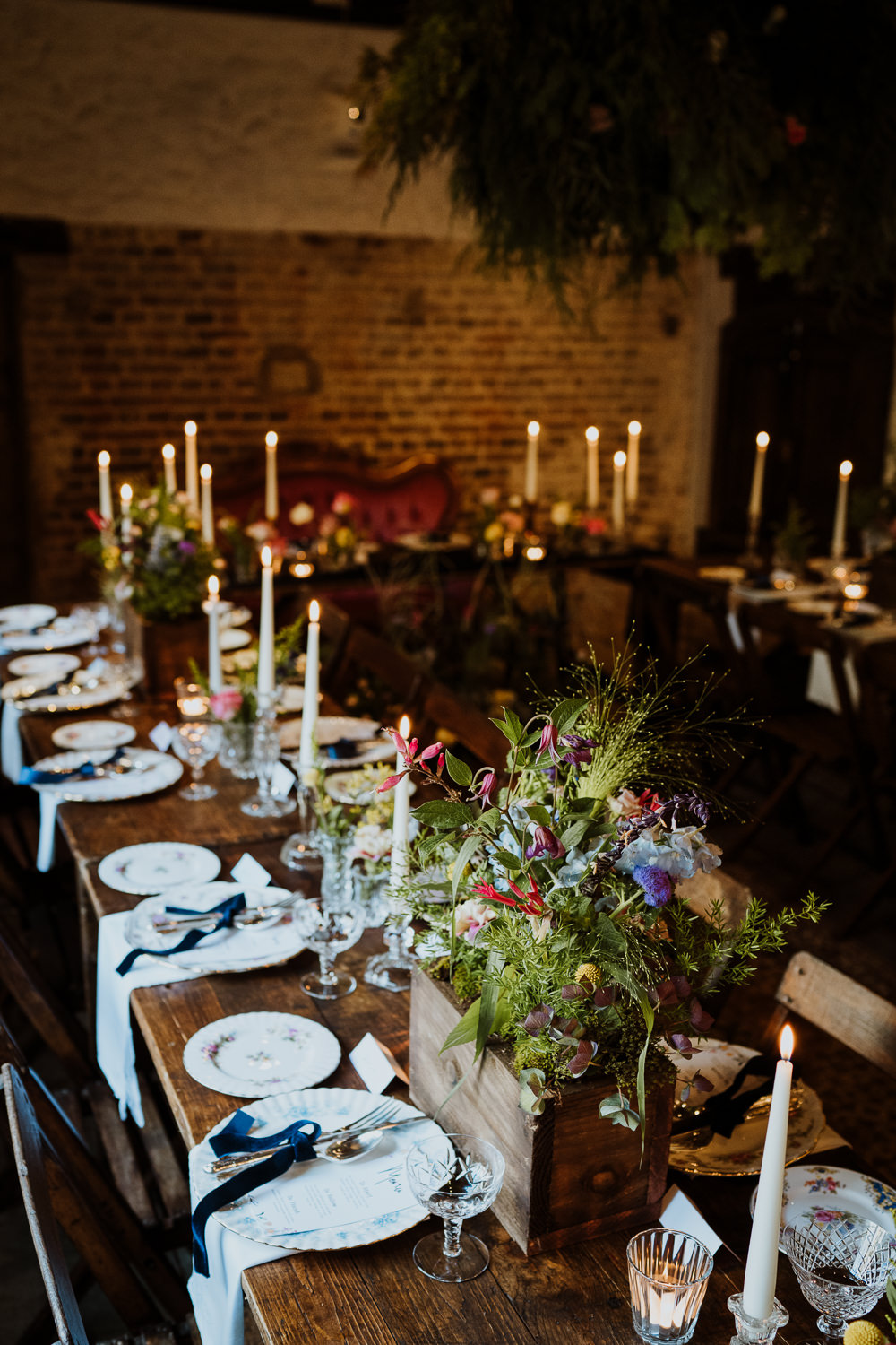 Table Flowers Centrepiece Wooden Box Crate Candles Decor Great Comp Garden Wedding Nicola Dawson Photography