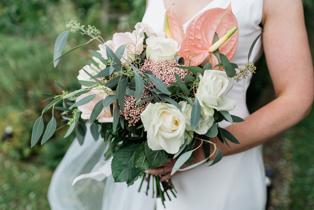 Bouquet Flowers Bride Bridal Protea Lily Flamingo Palms Tropical Great Lodge Wedding Gemma Giorgio Photography