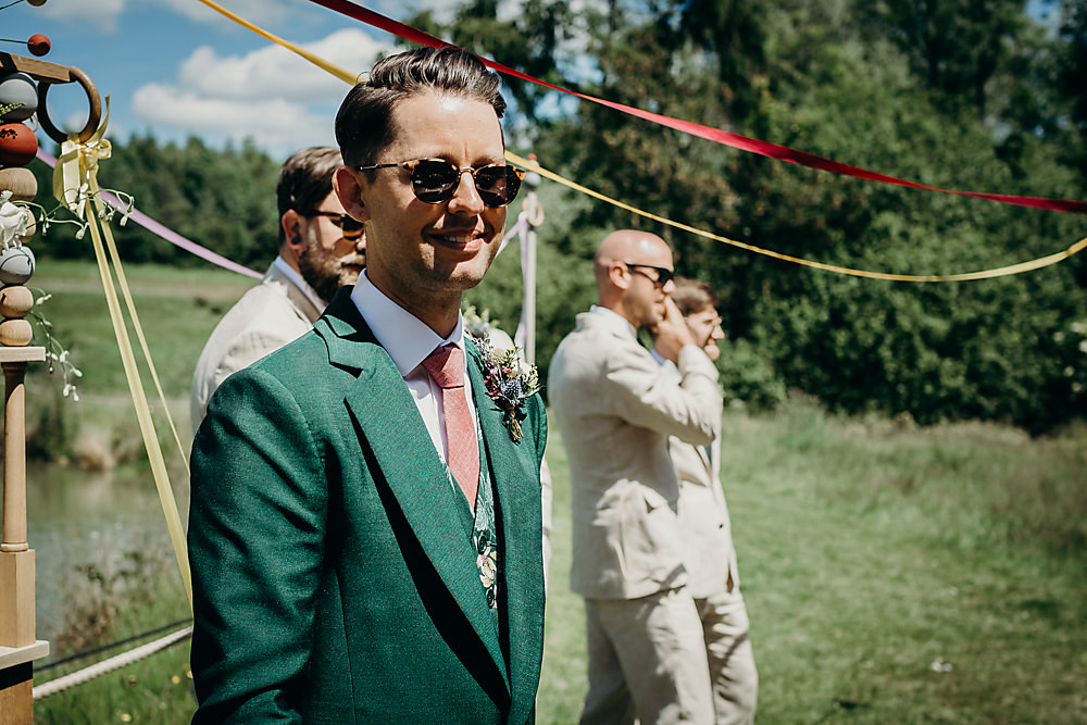Groom Suit Green Pink Tie Floral Waistcoat Hadsham Farm Wedding Victoria Somerset How Photography