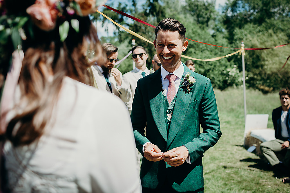 Groom Suit Green Pink Tie Floral Waistcoat Hadsham Farm Wedding Victoria Somerset How Photography