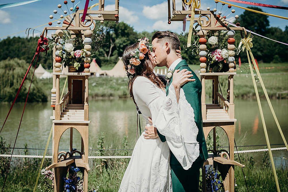 Ceremony Backdrop Arch Wooden Flowers Hadsham Farm Wedding Victoria Somerset How Photography