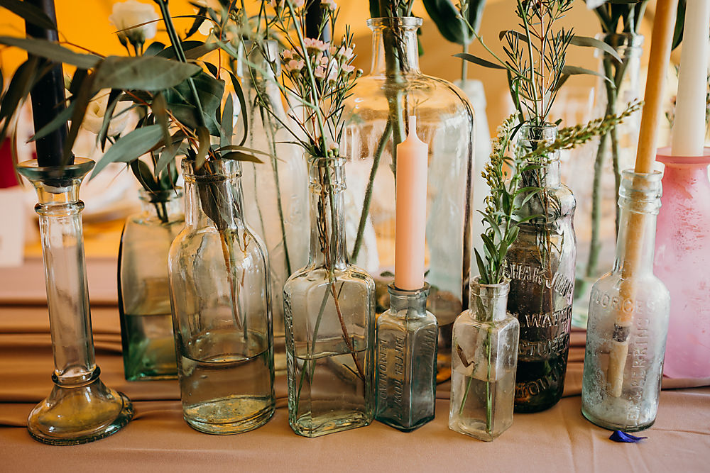 Bottle Flowers Candles Hadsham Farm Wedding Victoria Somerset How Photography