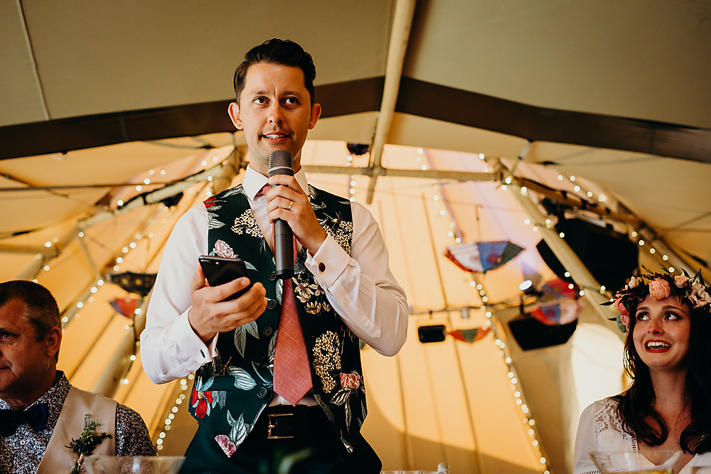 Groom Floral Waistcoat Hadsham Farm Wedding Victoria Somerset How Photography