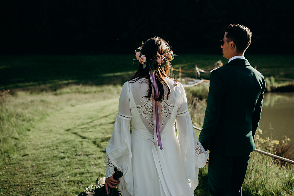 Bride Bridal Flower Crown Ribbons Hadsham Farm Wedding Victoria Somerset How Photography