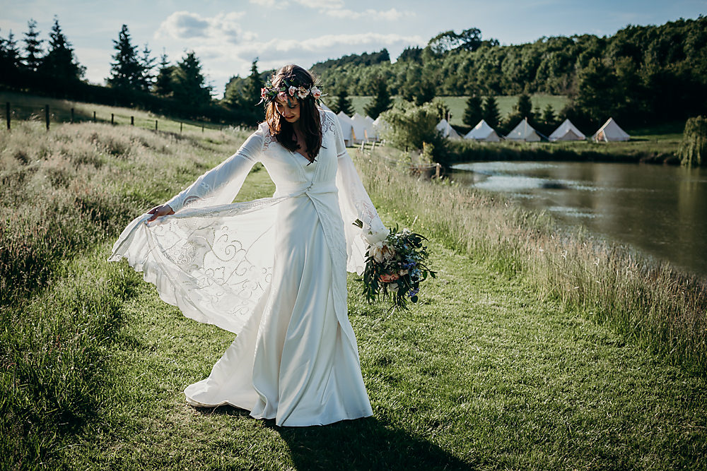 Dress Gown Bride Bridal Spell and the Gypsy 70s Boho Sleeves Hadsham Farm Wedding Victoria Somerset How Photography