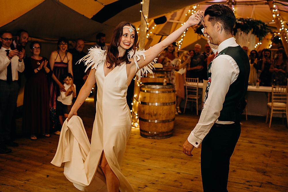 Slinky Slip Dress Gown Bride Bridal Feather Shoulder Hadsham Farm Wedding Victoria Somerset How Photography