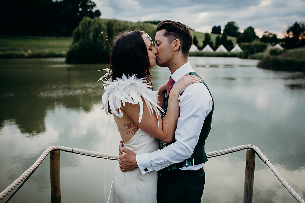 Slinky Slip Dress Gown Bride Bridal Feather Shoulder Hadsham Farm Wedding Victoria Somerset How Photography