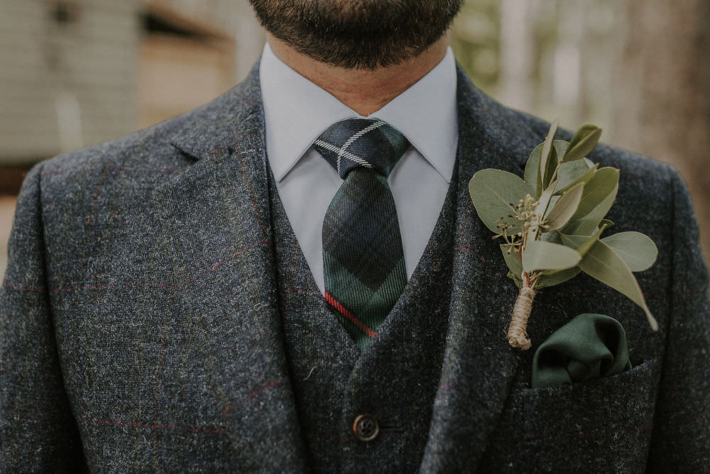 Groom Suit Navy Wool Check Tie Buttonhole Happy Valley Wedding Alice Cunliffe Photography