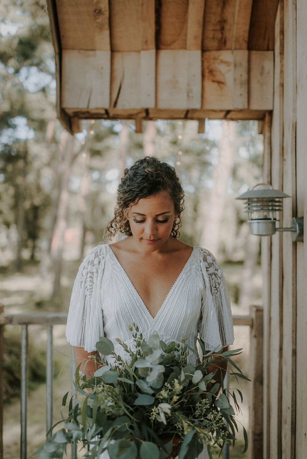 Bride Bridal Dress Gown Rosa Clara Beaded Sleeves Greenery Foliage Bouquet Flowers Happy Valley Wedding Alice Cunliffe Photography