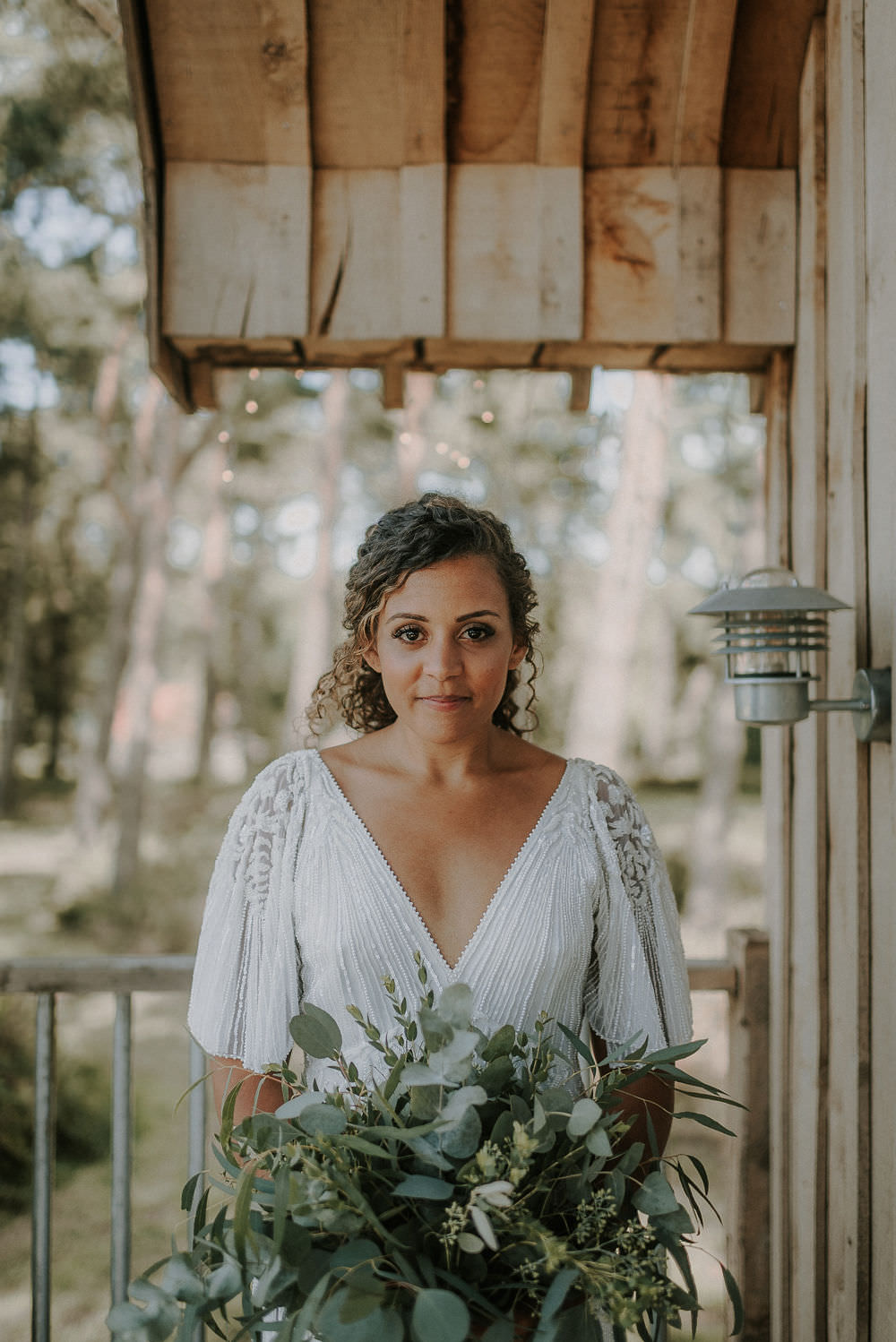 Bride Bridal Dress Gown Rosa Clara Beaded Sleeves Greenery Foliage Bouquet Flowers Happy Valley Wedding Alice Cunliffe Photography