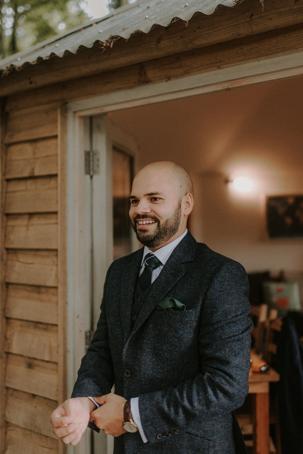 Groom Suit Navy Wool Check Tie Happy Valley Wedding Alice Cunliffe Photography