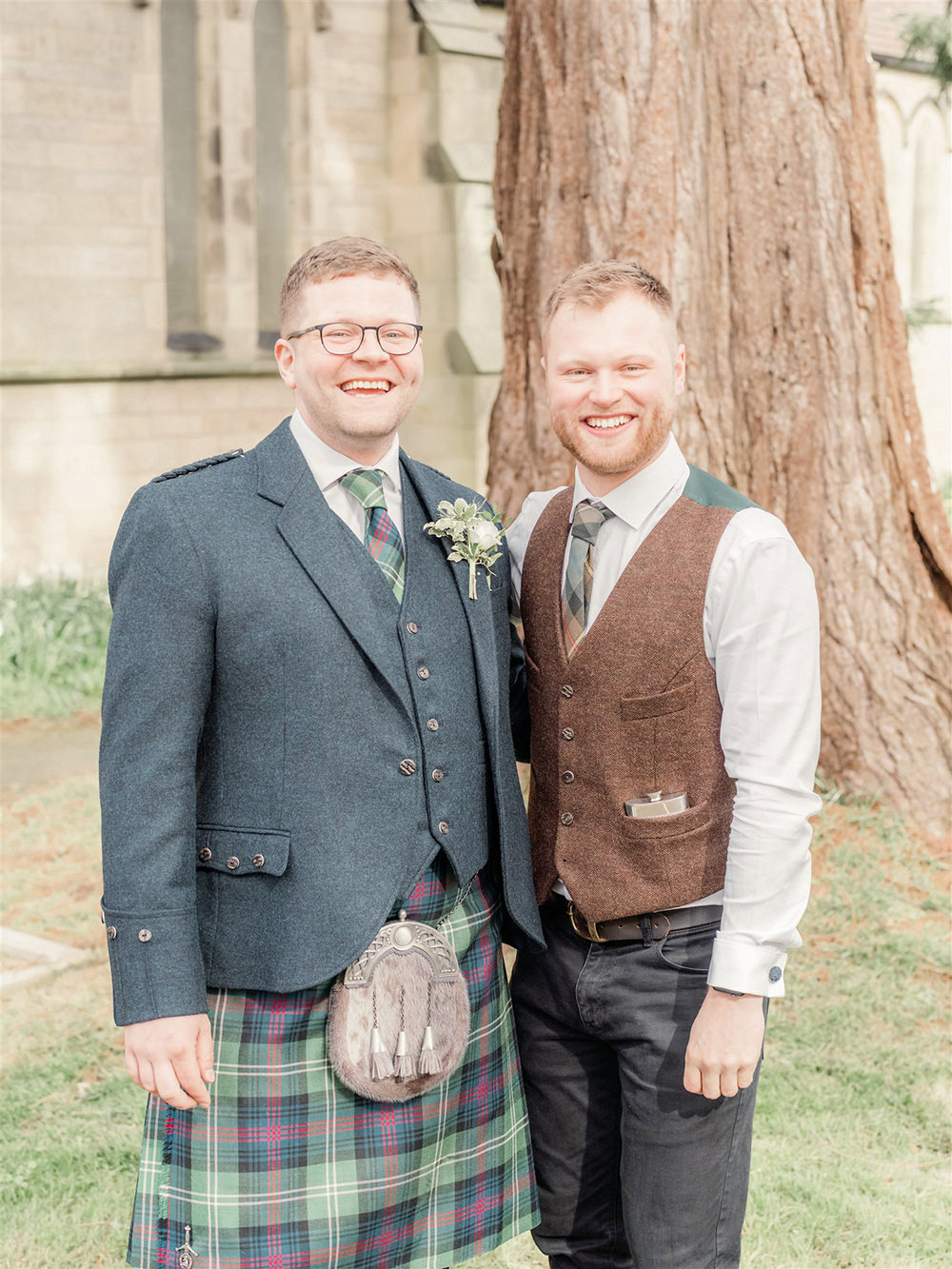Groom Kilt Suit Tartan Tie Buttonhole Flowers Groomsman Lockdown Wedding Carn Patrick Photography
