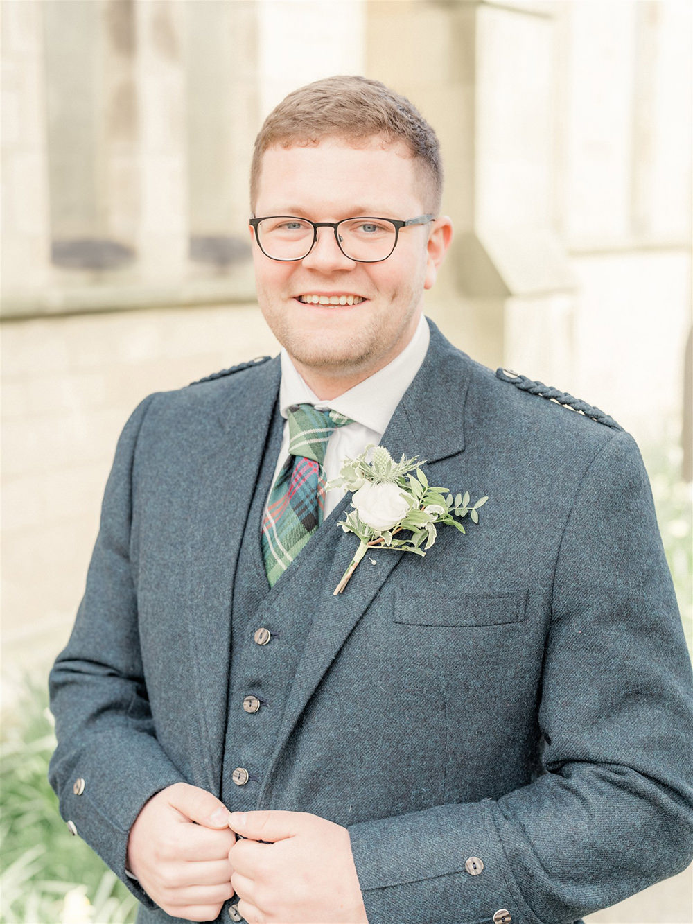 Groom Kilt Suit Tartan Tie Buttonhole Flowers Lockdown Wedding Carn Patrick Photography