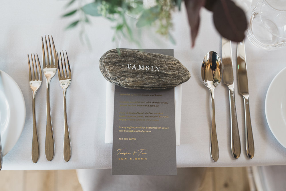 Pebble Place Name Place Setting Menu Modern Romantic Wedding Red Maple Photography