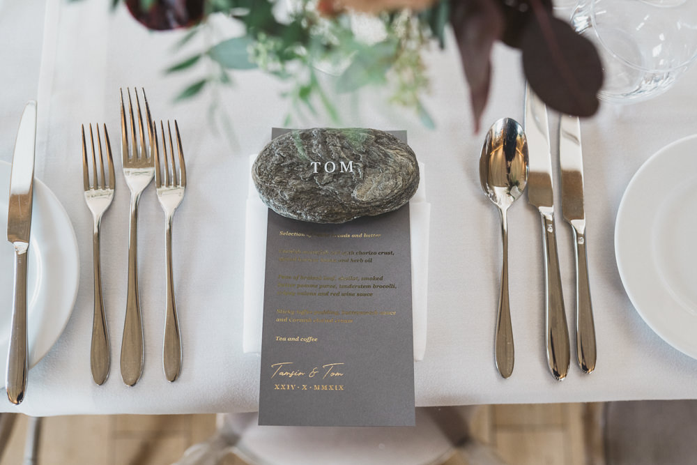 Pebble Place Name Place Setting Menu Modern Romantic Wedding Red Maple Photography