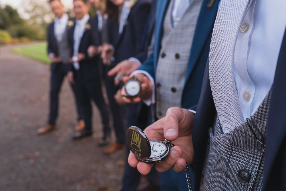 Groom Suit Blue Suit Waistcoat Tie Groomsmen Pocket Watch Modern Romantic Wedding Red Maple Photography