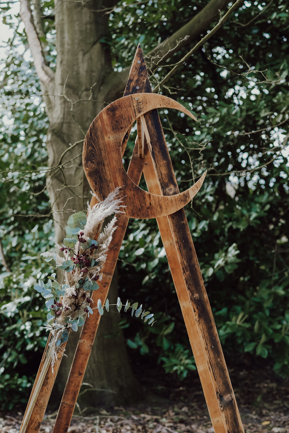 Crescent Moon Celestial Backdrop Triangle Wooden Arch Ceremony Aisle Navy Gold Wedding Ideas Gina Fernandes Photography