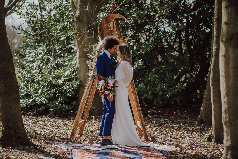 Crescent Moon Celestial Backdrop Triangle Wooden Arch Ceremony Aisle Navy Gold Wedding Ideas Gina Fernandes Photography