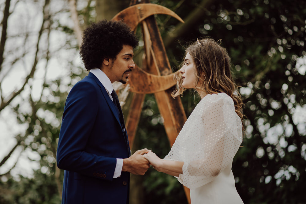 Crescent Moon Celestial Backdrop Triangle Wooden Arch Ceremony Aisle Navy Gold Wedding Ideas Gina Fernandes Photography