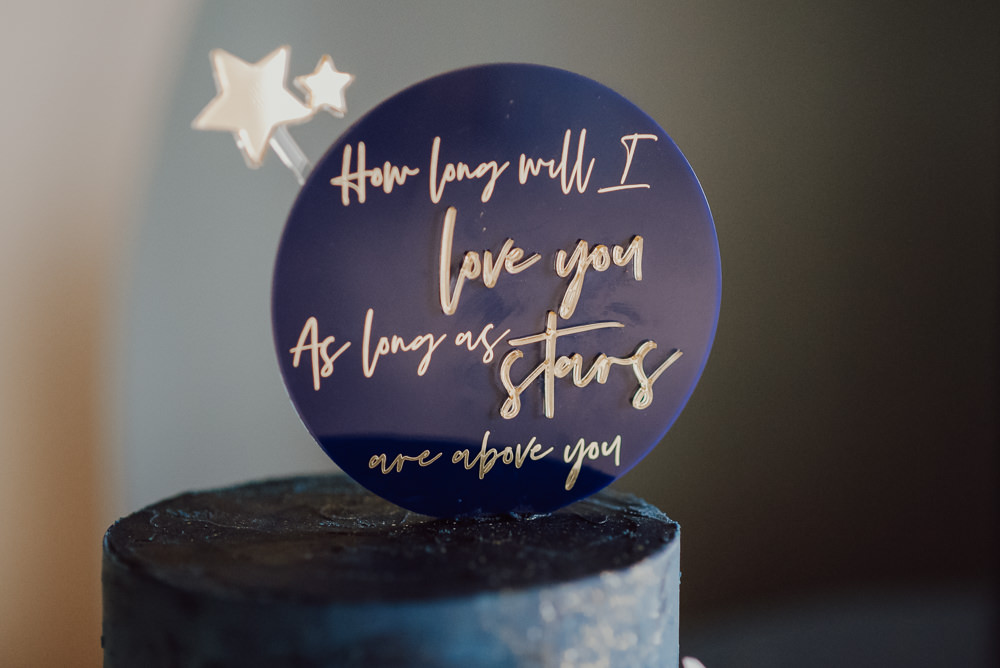 Celestial Cake Moon Stars Crescent Topper Navy Gold Wedding Ideas Gina Fernandes Photography