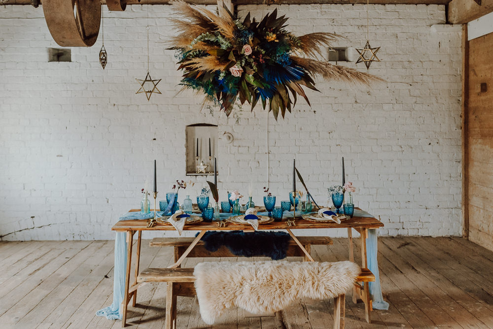 Table Tablescape Decor Runner Candles Flowers Cloud Hanging Flower Installation Navy Gold Wedding Ideas Gina Fernandes Photography