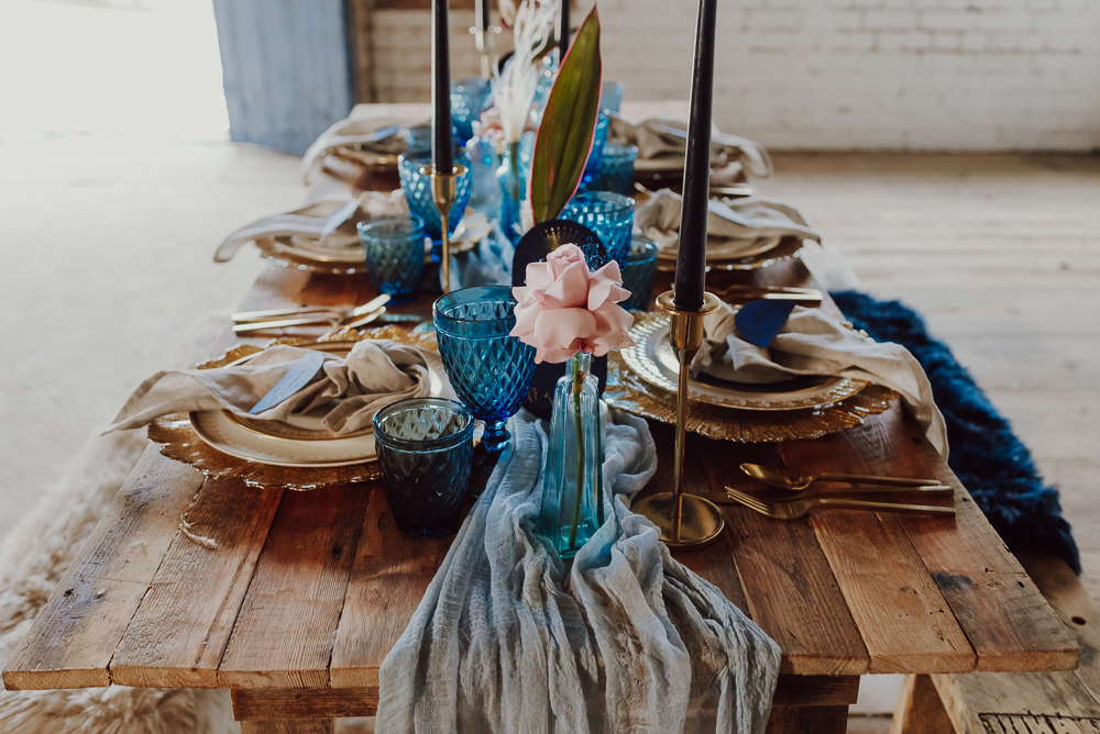 Table Tablescape Decor Runner Candles Flowers Cloud Hanging Flower Installation Navy Gold Wedding Ideas Gina Fernandes Photography