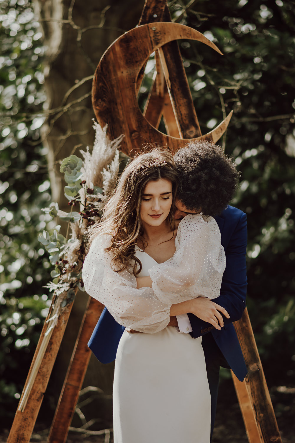 Crescent Moon Celestial Backdrop Triangle Wooden Arch Ceremony Aisle Navy Gold Wedding Ideas Gina Fernandes Photography