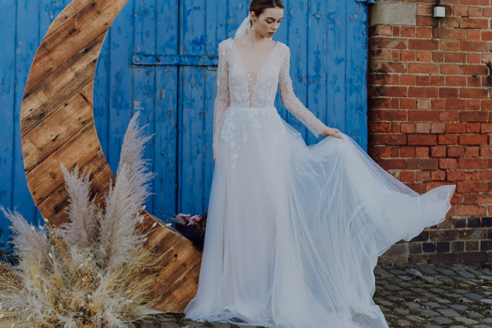 Dress Gown Bride Bridal Long Sleeves Navy Gold Wedding Ideas Gina Fernandes Photography