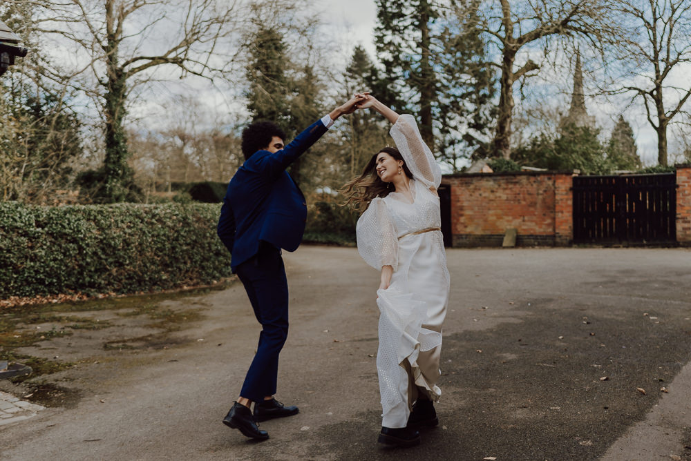 Dress Gown Bride Bridal Long Balloon Sleeves Polka Dot Navy Gold Wedding Ideas Gina Fernandes Photography