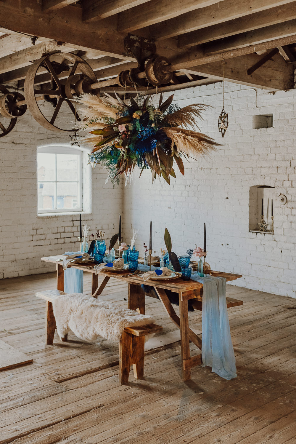 Table Tablescape Decor Runner Candles Flowers Cloud Hanging Flower Installation Navy Gold Wedding Ideas Gina Fernandes Photography