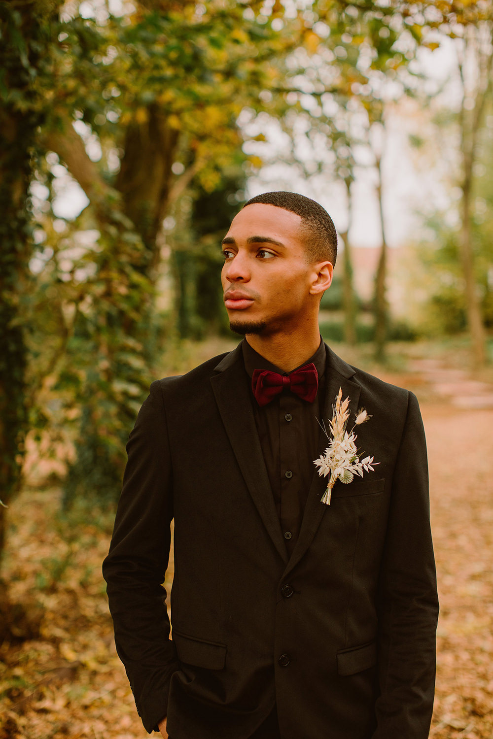 Groom Suit Black Burgundy Bow Tie Outdoor Autumn Wedding Ruby Walker Photography