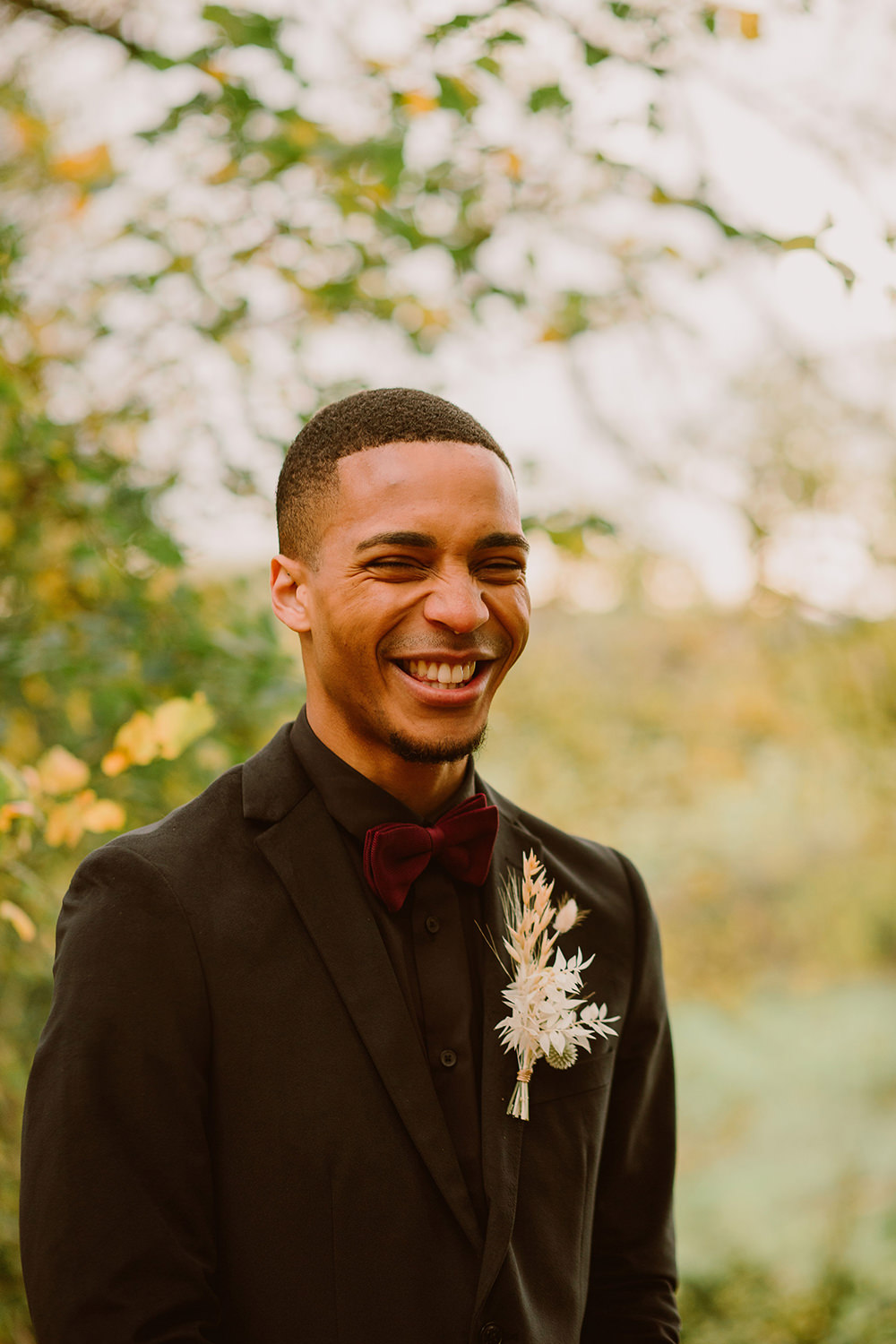 Groom Suit Black Burgundy Bow Tie Outdoor Autumn Wedding Ruby Walker Photography