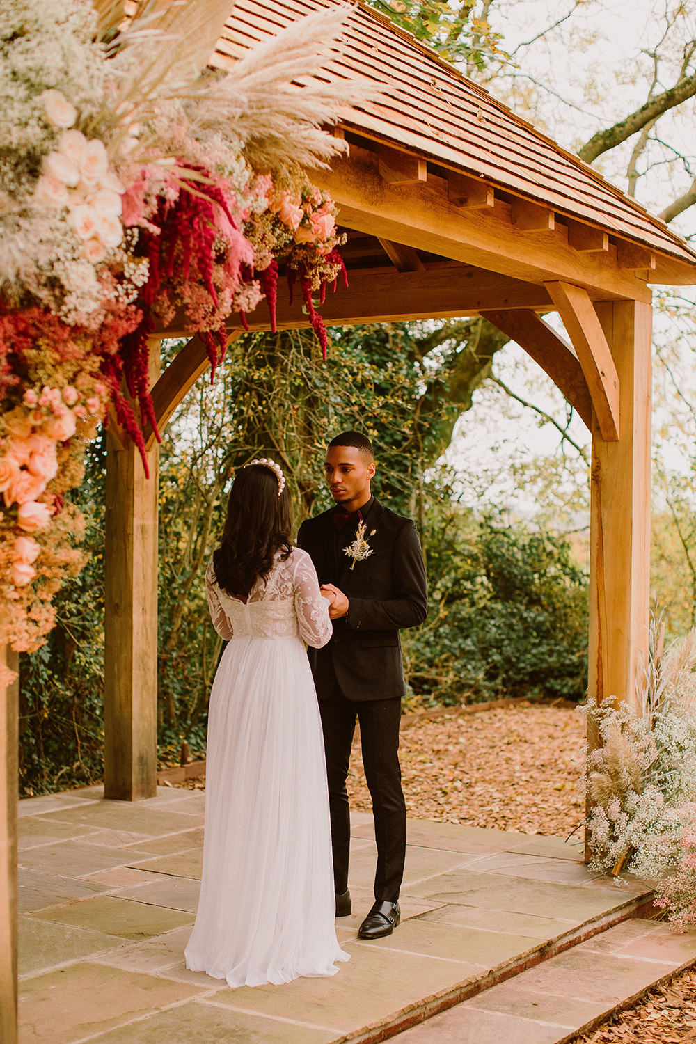 Wooden Arch Gazebo Flowers Woodland Backdrop Outdoor Autumn Wedding Ruby Walker Photography