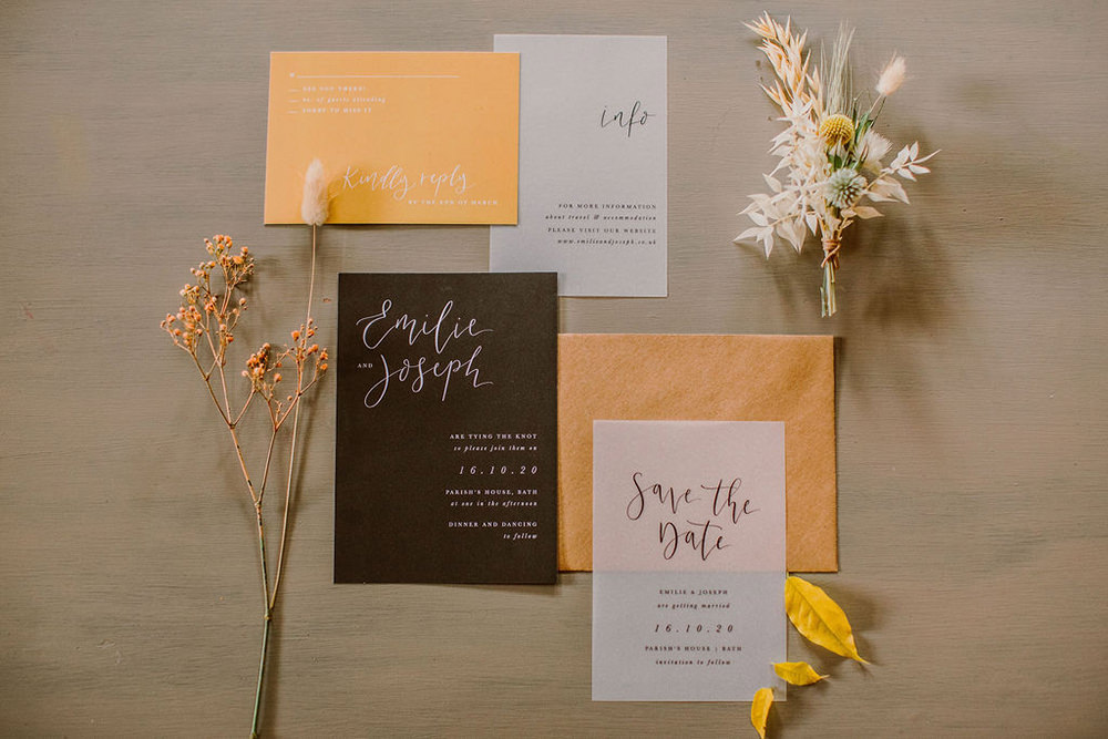 Stationery Invites Invitation Glassine Yellow Black Calligraphy Outdoor Autumn Wedding Ruby Walker Photography