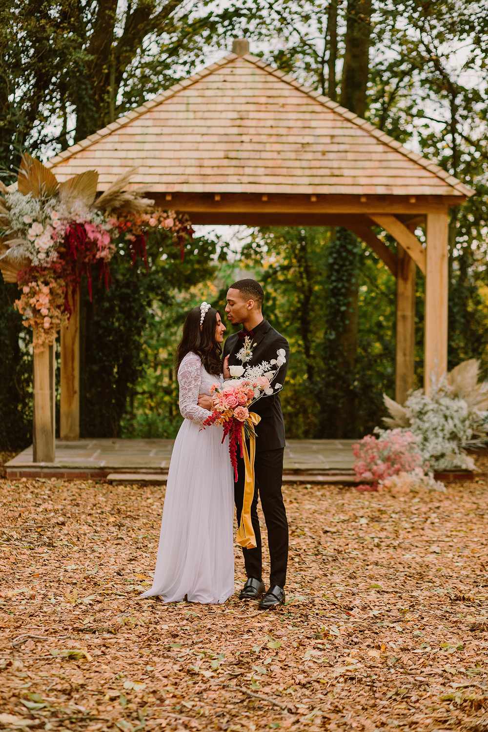 Outdoor Autumn Wedding Ruby Walker Photography Wooden Arch Gazebo Flowers Woodland Backdrop