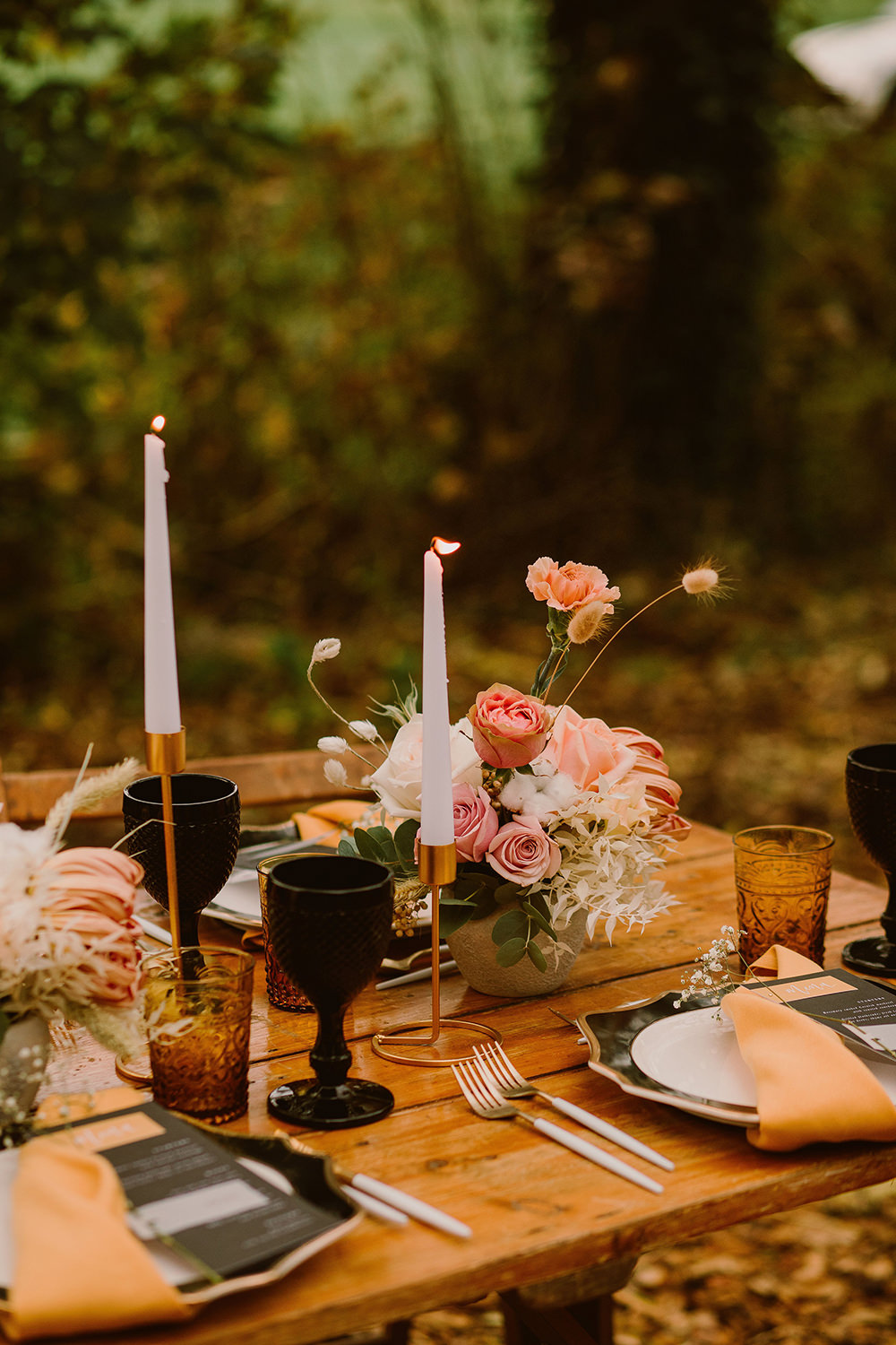 Table Tablescape Decor Decoration Candles Black Mustard Flowers Outdoor Autumn Wedding Ruby Walker Photography