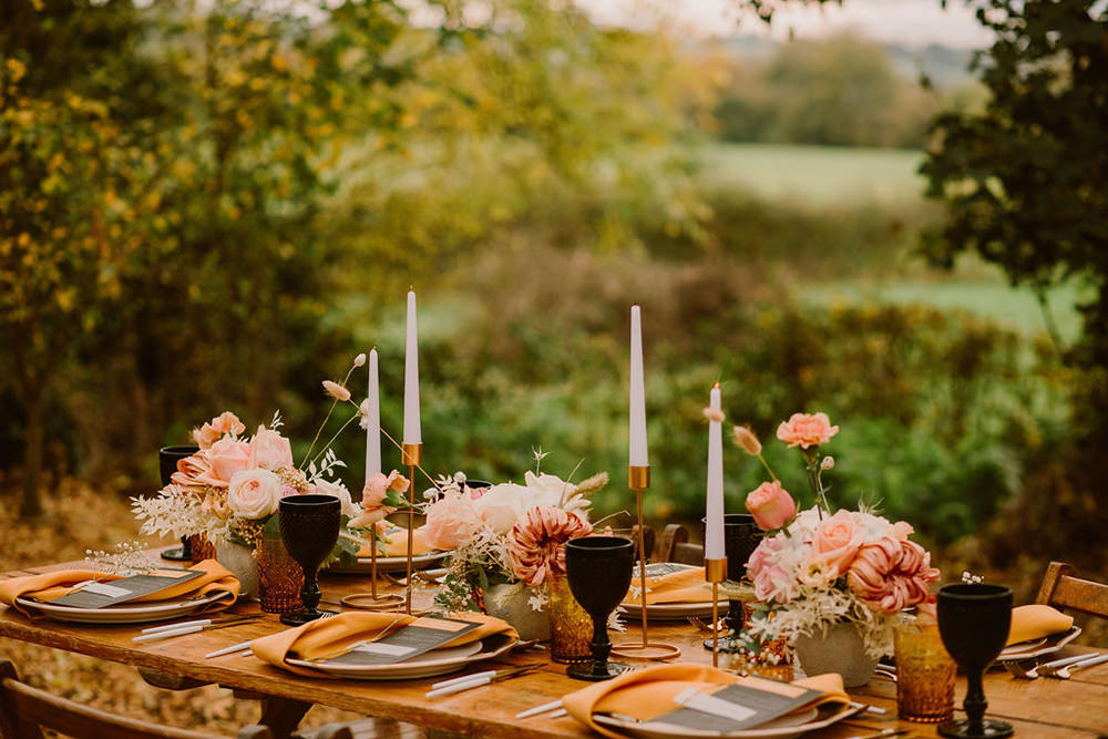 Table Tablescape Decor Decoration Candles Black Mustard Flowers Outdoor Autumn Wedding Ruby Walker Photography