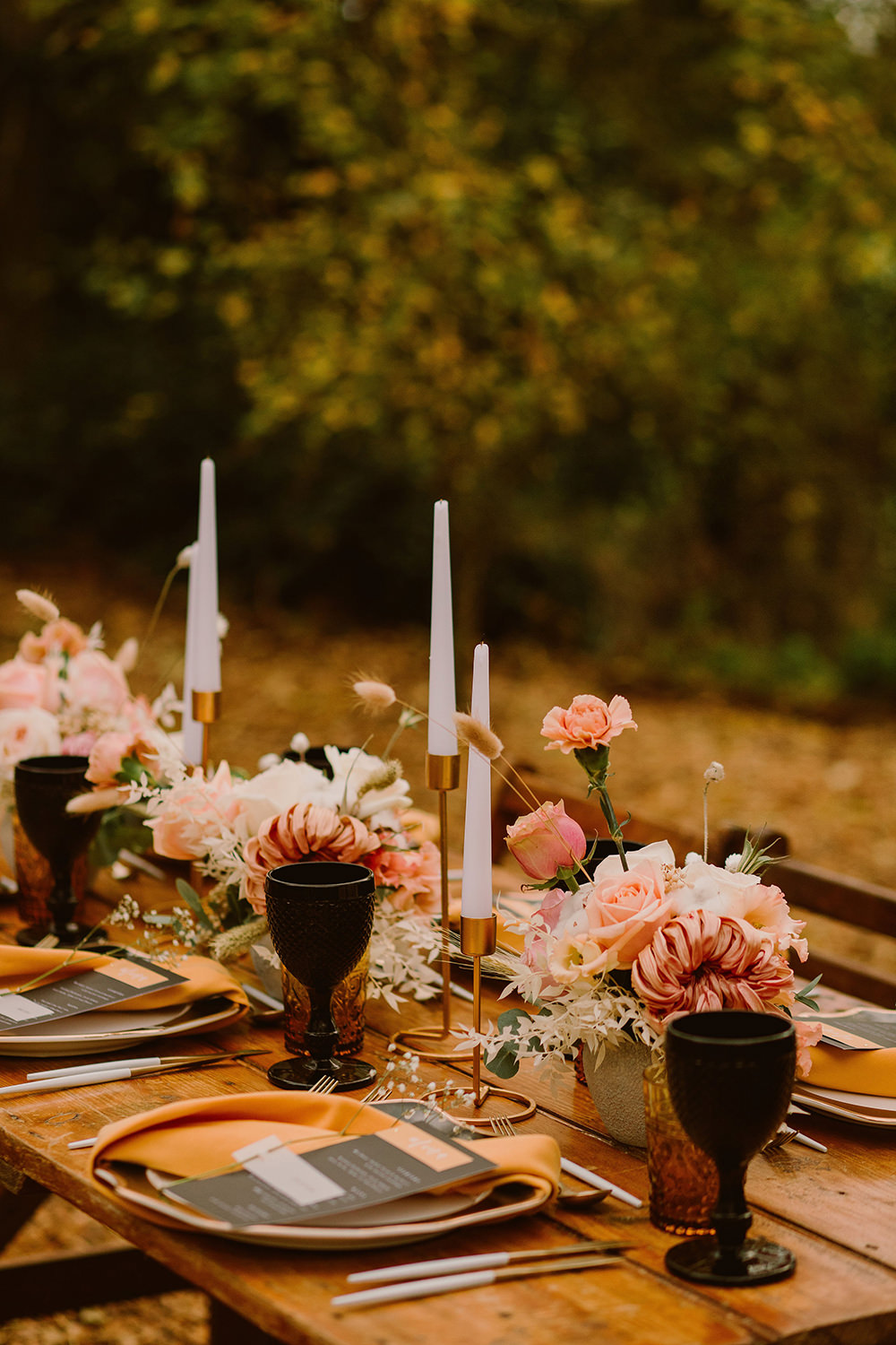 Table Tablescape Decor Decoration Candles Black Mustard Flowers Outdoor Autumn Wedding Ruby Walker Photography