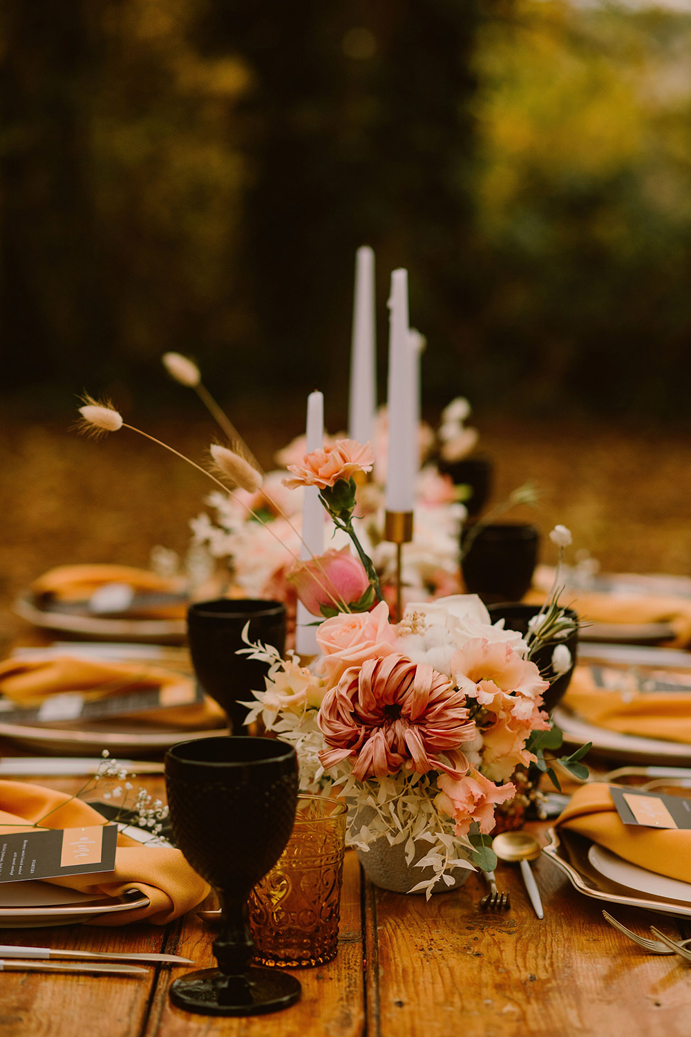 Table Tablescape Decor Decoration Candles Black Mustard Flowers Outdoor Autumn Wedding Ruby Walker Photography