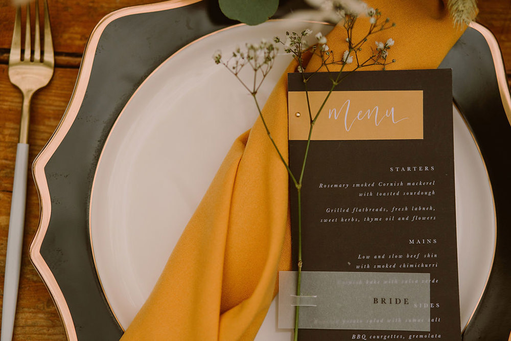 Place Setting Decor Menu Black Mustard Outdoor Autumn Wedding Ruby Walker Photography