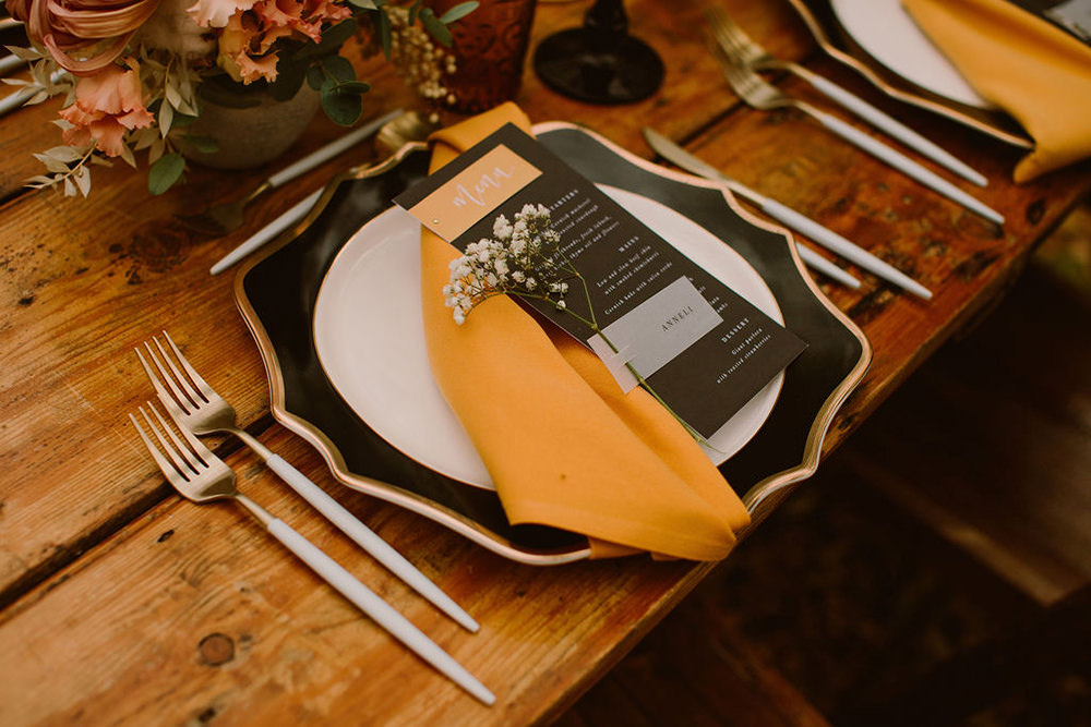 Place Setting Decor Menu Black Mustard Outdoor Autumn Wedding Ruby Walker Photography