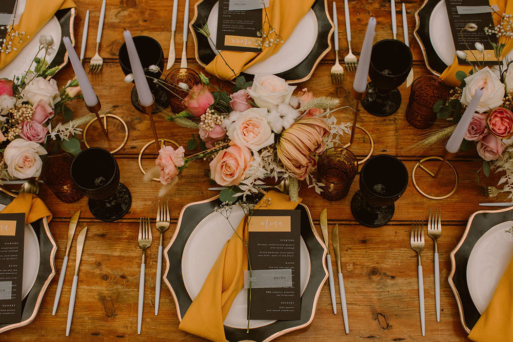 Place Setting Decor Menu Black Mustard Outdoor Autumn Wedding Ruby Walker Photography