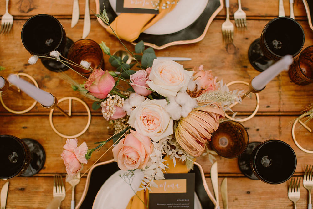 Place Setting Decor Menu Black Mustard Outdoor Autumn Wedding Ruby Walker Photography